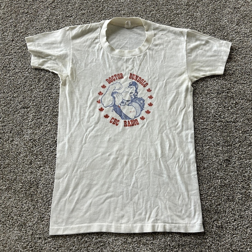 Vintage 70s Pelham Doctor Bundolo CBC Radio Shirt Mens Small White Tee T-Shirt